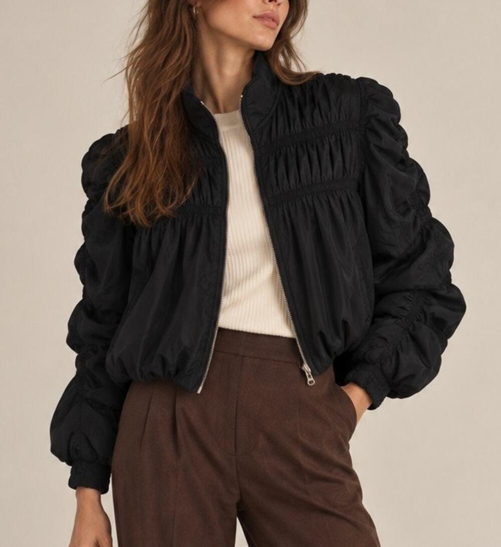 NWT Anthropologie Ruched Bomber Jacket XS Black Y2K Utility Fall Indie Sleaze